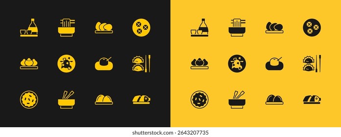 Set Wonton, Asian noodles in bowl, Mochi, Sushi, Kung Pao chicken, Chicken egg, Bottle of sake and  icon. Vector