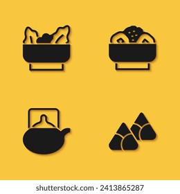 Set Wonton, Zongzi in bamboo steamer, Traditional ceremony and Chow mein plate icon with long shadow. Vector