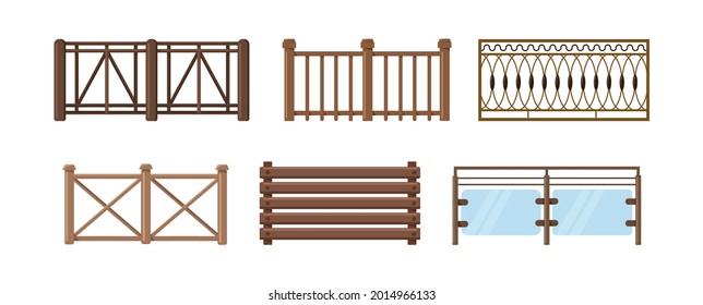 Set Of Wood Balcony Railing. Vintage Modern Home Balconied Facade Or Door Entrance Into Private Territory, Terrace Fences. Wooden Or Glass And Stone Construction For Fencing Territory Vector