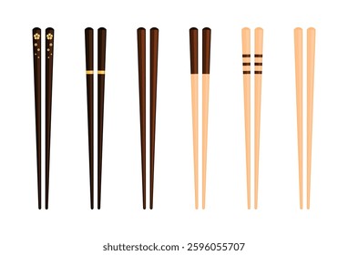 Set of wood and bamboo chopsticks (hashi). Asian, Chinese, Japanese, Korean, Taiwanese, Tibetan, Vietnamese eating utensils, tableware concept. Flat vector illustration isolated on white background