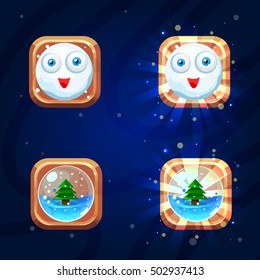 Set of wood Blocks with active funny snowball and glassy ball with fir-tree for game and not active.Vector game art.Game elements for match 3 or puzzle game.Winter holidays game.