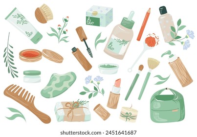 Set of wood bottles, paper tubes with organic cosmetics for eco friendly living. Collection of bio skincare products isolated on white. Zero waste lifestyle concept. Colorful vector illustration