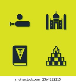 Set Wood cricket bat and ball, Yagna, India constitution day and Taj Mahal icon. Vector