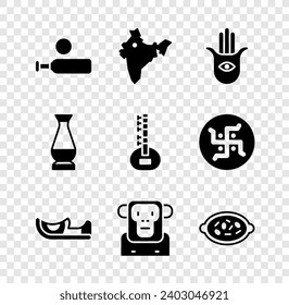 Set Wood cricket bat and ball, India map, Hamsa hand, Indian shoes, Monkey, Kheer in bowl, vase and Sitar icon. Vector