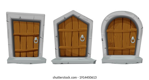 Set wood doors with stone decoration, arch in cartoon style isolated on white background. Fairy, mystery closed entrance, mediaeval element assets for ui games design.