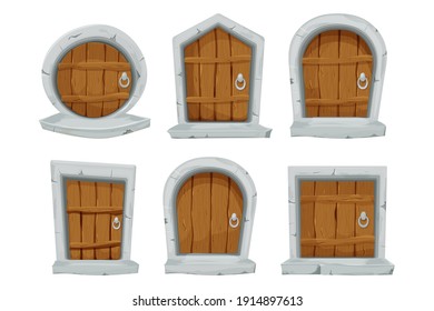 Set wood doors with stone decoration, arch in cartoon style isolated on white background. Fairy, mystery closed entrance, mediaeval element assets for ui games design.