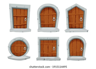 Set wood doors with stone decoration, arch in cartoon style isolated on white background. Fairy, mystery closed entrance, mediaeval element assets for ui games design.