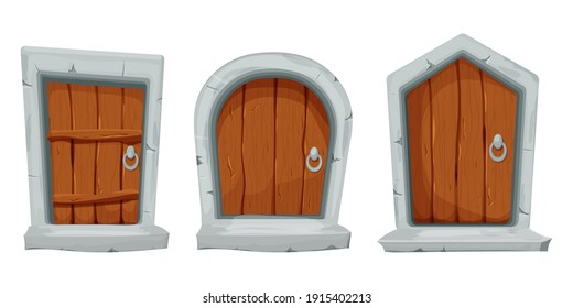 Set wood doors with stone decoration, arch in cartoon style isolated on white background. Fairy, mystery closed entrance, mediaeval element assets for ui games design.