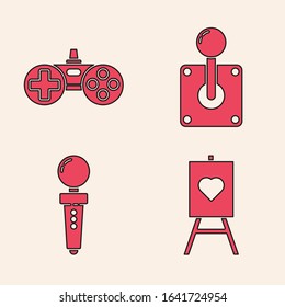 Set Wood easel or painting art boards, Gamepad, Joystick for arcade machine and Joystick for arcade machine icon. Vector
