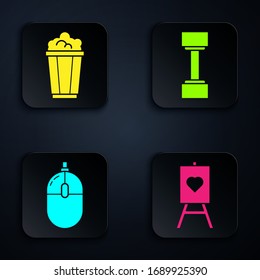 Set Wood easel or painting art boards, Popcorn in cardboard box, Computer mouse and Dumbbell. Black square button. Vector