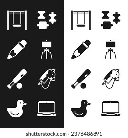 Set Wood easel, Pencil with eraser, Swing, Puzzle pieces toy, Baseball bat ball, Toy horse, Laptop and Rubber duck icon. Vector