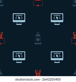 Set Wood easel, Tube with paint palette and Computer design program on seamless pattern. Vector