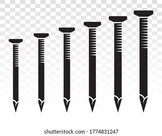 Set of wood fasteners nails or concrete nails flat vector icon for apps and websites