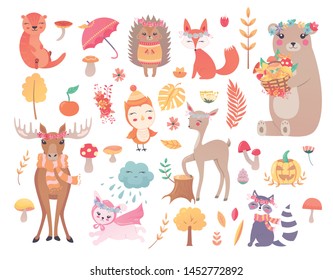 set wood forest Animals hand drawn style. mushrooms, trees, leaves. Cute autumn charactrs -owl, deer, moose, bunny,  bear, fox, raccoon, hedgehog. Vector illustration