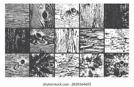 Set of wood grain textures with knots and rough bark patterns