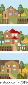Set of a wood house in different seasonal times. Vintage town home. Vector illustration