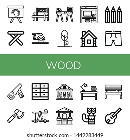 Set of wood icons such as Painting palette, Stool, Bench, Circular saw, Desk, Tree, Wooden house, Color pencils, Trunk, Hand saw, Axe, Drawer, Catapult, Izba, Hut, Quiver , wood