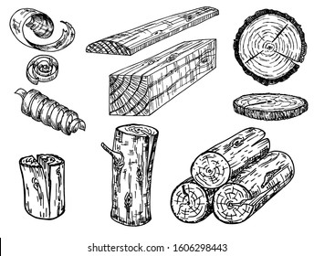 Set of wood logs for forestry and lumber industry. Illustration of trunks, stump, shavings and planks. Sketch