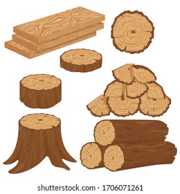 Set of wood logs for lumber industry with trunks stump and planks in cartoon style. Tree trunk, logs, trunks, woodwork planks, stumps, lumber branch, twigs