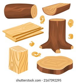 Conjunto de troncos y trozos de madera sobre fondo blanco. Troncos de madera apilar registro en estilo de dibujos animados, ilustración vectorial