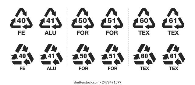 Set of wood, metal, and textile recycle icon collections isolated on a transparent background. Ecological codes marks and zero-waste mindset. Set of recycling symbols. Vector illustration