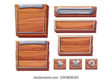 Fijar panel de madera con borde metálico, menú de marco en estilo de dibujos animados aislado en fondo blanco. Barra de carteles, plantilla, fondo de juego ui.