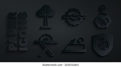 Set Wood plane tool, Grapple crane grabbed log, Electric circular saw, Wooden logs,  and Tree icon. Vector