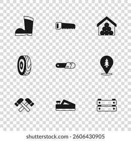 Set Wood plane tool, Location of the forest, Wooden box, Chainsaw, logs, Waterproof rubber boot, Hand and Tree rings icon. Vector