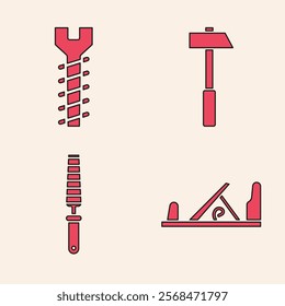 Set Wood plane tool, Metallic screw, Hammer and Chisel tool for wood icon. Vector