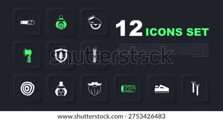 Set Wood plane tool, Metallic nails, Shield with tree, Wooden log, axe, Grapple crane grabbed,  and Mustache and beard icon. Vector