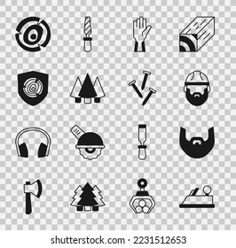 Set Wood plane tool, Mustache and beard, Lumberjack, Protective gloves, Christmas tree, Wooden logs,  and Metallic nails icon. Vector