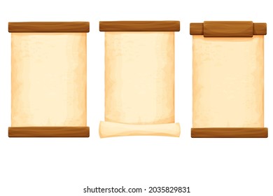 Set wood planks with parchment paper in cartoon style isolated on white background. Frame, medieval panel, menu. Empty gui asset, signboard. Vector illustration