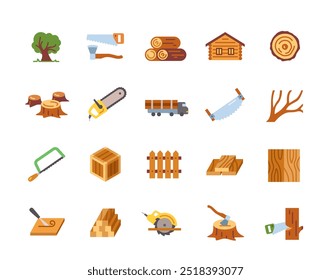 Set of wood related icons. Colorful signs with sawmill, axe, logs, wooden box, saw and tree stumps. Design elements for app and web. Flat vector illustration collection isolated on white background