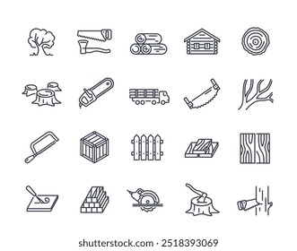 Conjunto de iconos de línea relacionados con la madera. Símbolos simples con árbol, troncos, tablones, hacha y sierra. Trazo editable. Elemento de diseño para App. Colección de Ilustración vectorial de contorno aislado sobre fondo blanco