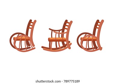 Set of wood rocking chair object illustration. Vintage rocking chair. Wooden old rock chair isolated on white background. Hand drawn. Antique. Three chairs. For relax. Flat vector illustration.