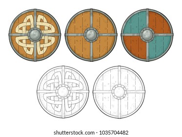 Set wood round shields with viking runes and iron border. Vintage vector color engraving illustration. Isolated on white background. Hand drawn design element for poster, label, tattoo