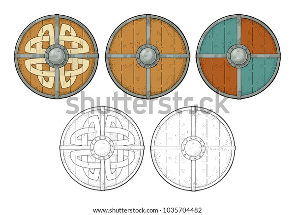 Set Wood Round Shields Viking Runes Stock Vector (Royalty Free) 1035704482