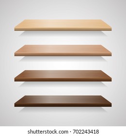 Set of wood shelves with shadows. Wooden interior bookshelf collection, vector illustration