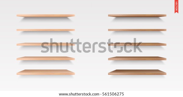 Set of Wood Shelves Vector Isolated on the\
Wall Background