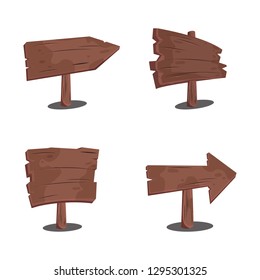 Set of wood signs. Wooden boards, signposts, plates, arrows. Brown planks. Blank wood signboards and banners. Vector illustration.