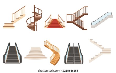 Satz Holztreppen mit moderner Rolltreppe im Innenbereich, klassische Design, Vektorgrafik einzeln auf weißem Hintergrund