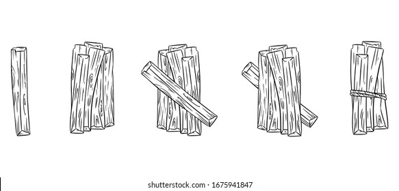 Set of wood sticks bundles. Collection of Palo Santo sticks from Latin America. Vector sketch images isolated on white background