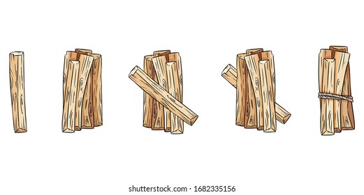 Set of wood sticks bundles. Collection of Palo Santo sticks from Latin America. Vector images isolated on white background