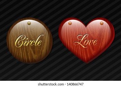 set of wood texture circle and heart shape boards