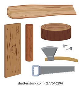 Set of wood and tools to work on wood, in a simplified style, with detail. Firewood, Axe, Saw, Nails, Stump. Vector illustration
