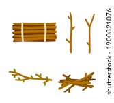 Set of wood. Twigs for fire. Bundle of firewood. Stick of tree with leaves. Set of flat cartoon illustration isolated on white background
