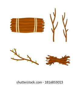 Set Of Wood. Twigs For Fire. Bundle Of Firewood. Set Of Flat Cartoon Illustration Isolated On White Background. Stick Of Tree With Leaves