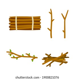 Set of wood. Twigs for fire. Bundle of firewood. Stick of tree with leaves. Set of flat cartoon illustration isolated on white background