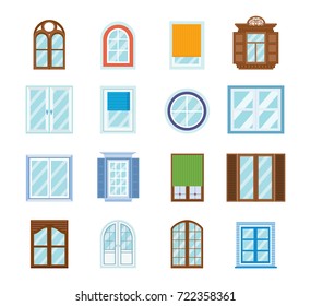 Set of wood window frames, isolated. Architecture design outdoor and exterior view, building and home theme. Windows for buildings, premises, structures. Vector illustration isolated.