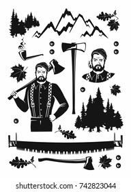 Set of woodcut design elements: strong lumberjack, tools and nature